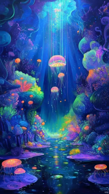 Floating jellyfish and neon beams in a deep surreal trippy ocean.