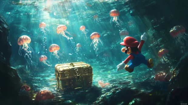 Floating jellyfish pulse below Mario as he swims toward a shimmering treasure chest.