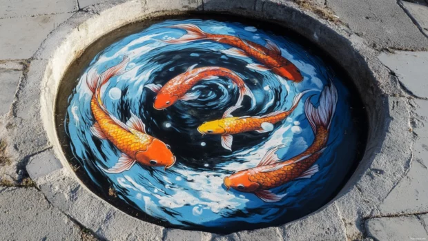 Floating koi fish in mirror graffiti vortex.