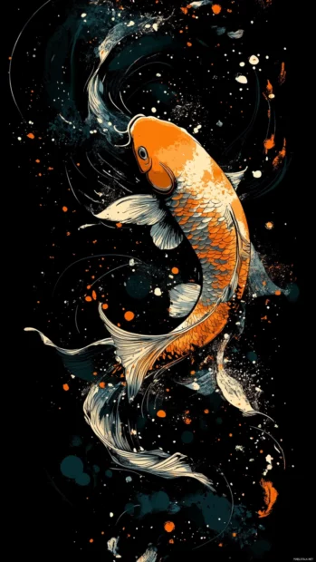 Floating koi fish with shimmering scales circling in dark water.
