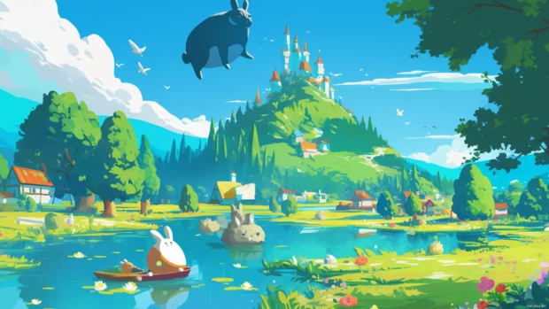 Floating landscapes in 4K cartoon wallpapers for desktop filled with animated animals.