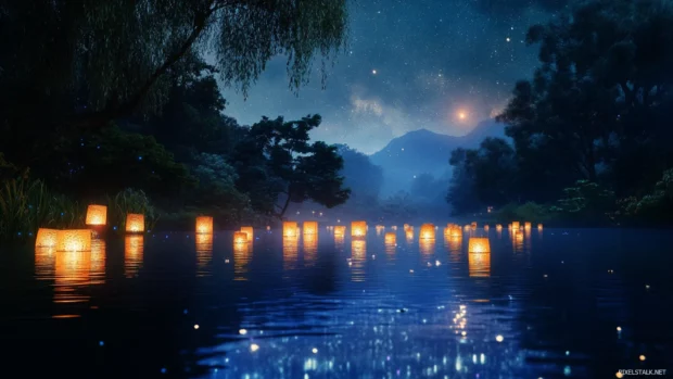 Floating lanterns drifting across a tranquil river under starlight.