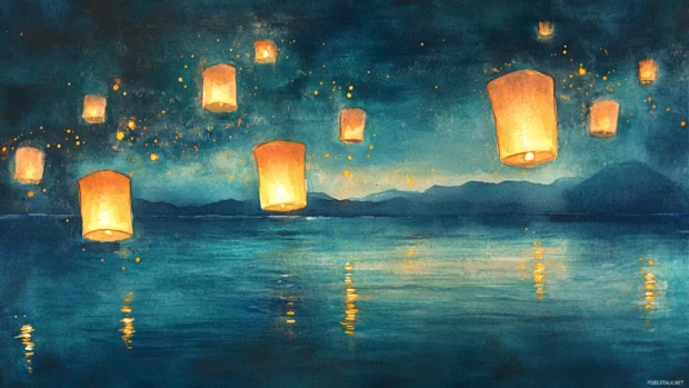 Floating lanterns over a silent watercolor ocean bay.
