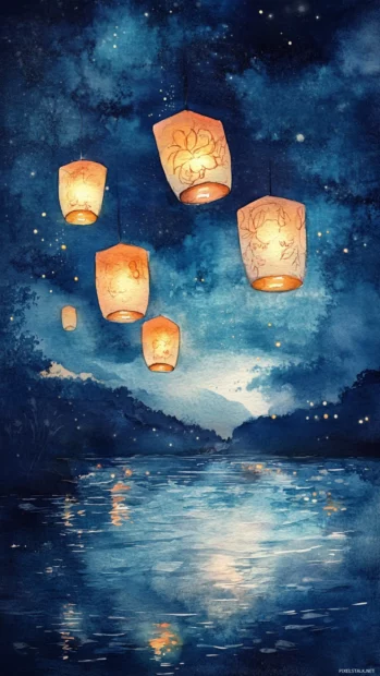 Floating lanterns over tranquil night seas painted in watercolor tones, Clean and Elegant style.