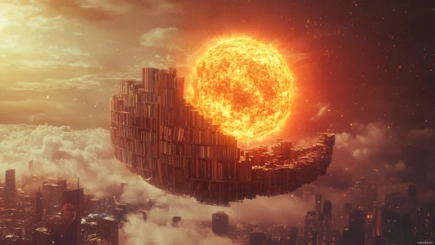 Floating library orbiting a miniature sun.