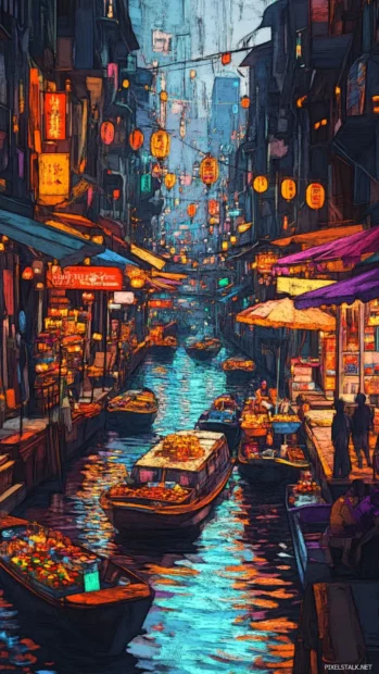Floating market in a futuristic canal system.