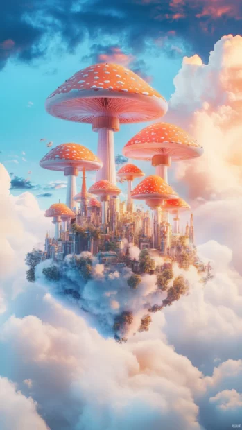 Floating mushroom city in pastel clouds with surreal trippy transitions.