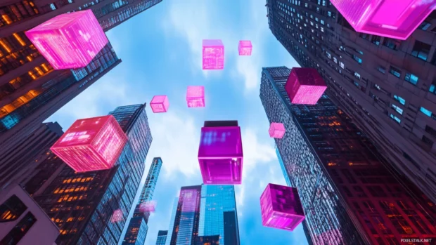 Floating neon cubes above skyscrapers acting as digital signage in a hypermodern skyline.