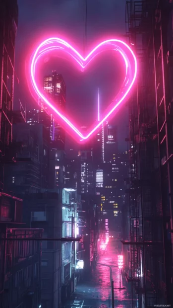 Floating neon heart above sleeping cityscape.