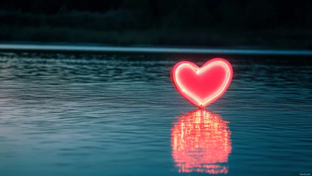 Floating neon heart with shimmering reflections on lake.