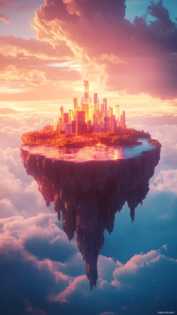 Floating neon island hovering in endless sky.