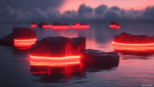 Floating neon islands glowing deep crimson.