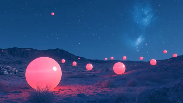 Floating neon orbs above midnight desert.