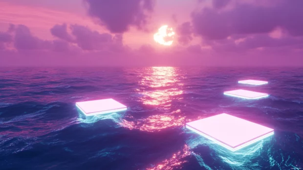 Floating neon platforms above void ocean.