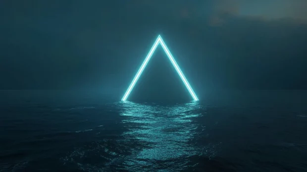 Floating neon pyramid over black sea abyss.