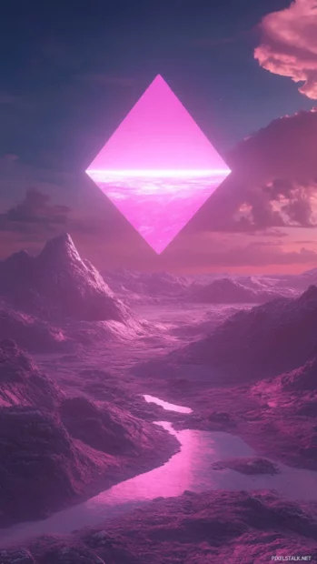 Floating neon pyramid over infinite pink wasteland.