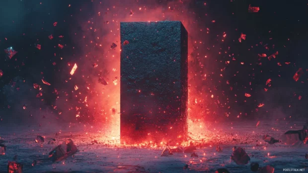 Floating neon shards around dark monolith.