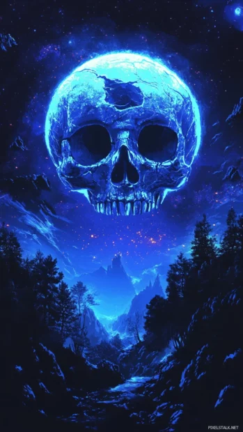 Floating neon skull above midnight forest.