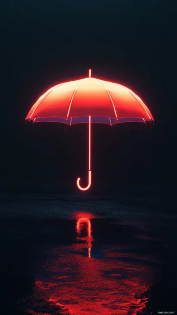 Floating neon umbrella drifting in black void.