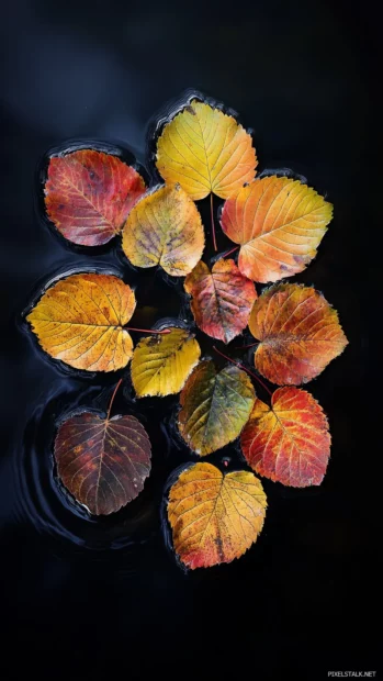 Floating on a serene pond, a delicate arrangement of vibrant autumn leaves creates gentle spreading ripples.