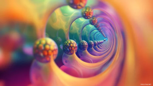 Floating orbs dancing through shifting rainbow tunnels in a continuous trippy motion.