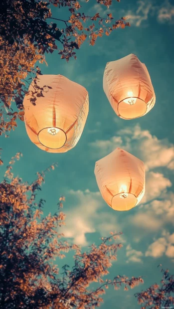 Floating paper lanterns in a twilight sky create a whimsical scene, their warm glow blending with the fading sunlight.