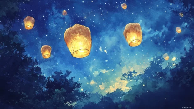 Floating paper lanterns lighting up a watercolor night sky.