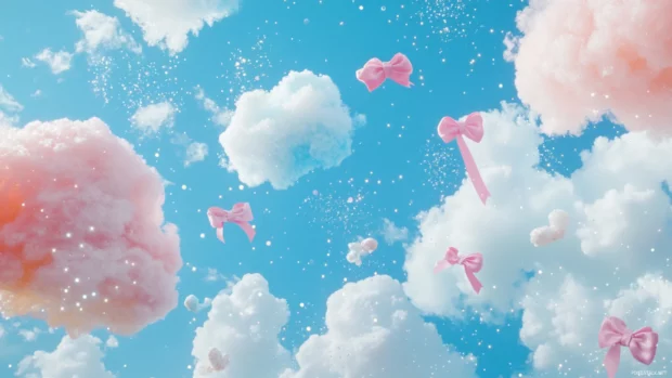 Floating pastel colored clouds with sparkles and cute bows.