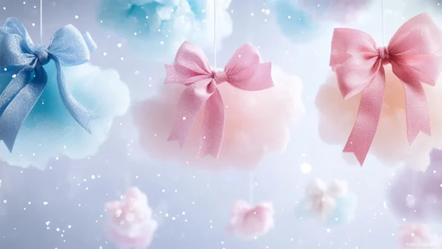 Floating pastel colored clouds with sparkles and cute bows.