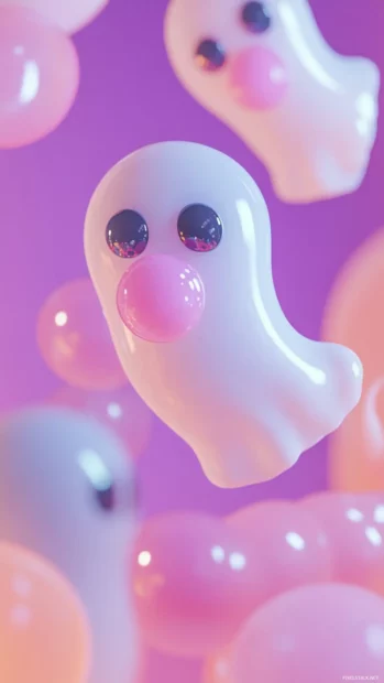 Floating pastel ghosts blow bubblegum in a tiled layout.