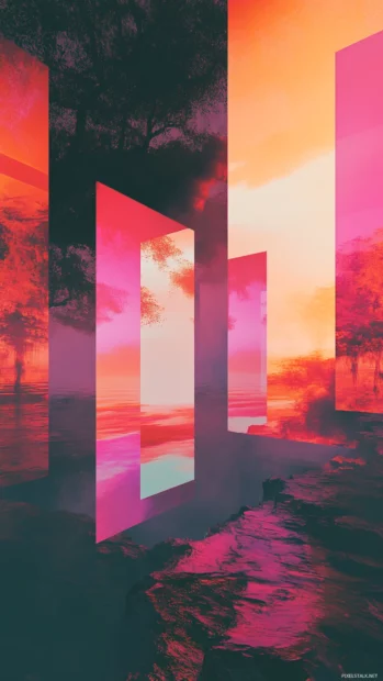 Floating prisms casting distorted shadows over a haunted trippy landscape.