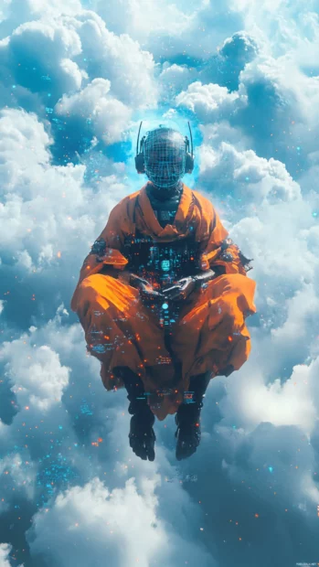 Floating robot monk surrounded by glitching digital clouds.