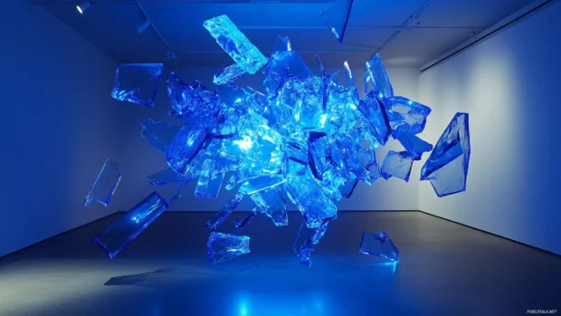 Floating shards of blue neon glass in midair.