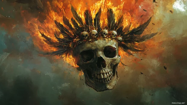 Floating skull crowned with feathers and fire.