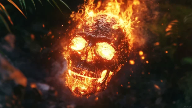 Floating skull in inferno, flames reflecting and highlighting intricate fire details.