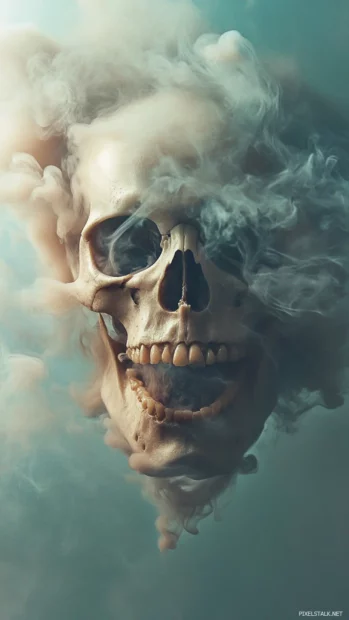 Floating skull layered in pastel smoke and motion blur.