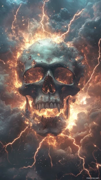 Floating skull ringed by storm clouds and lightning arcs.