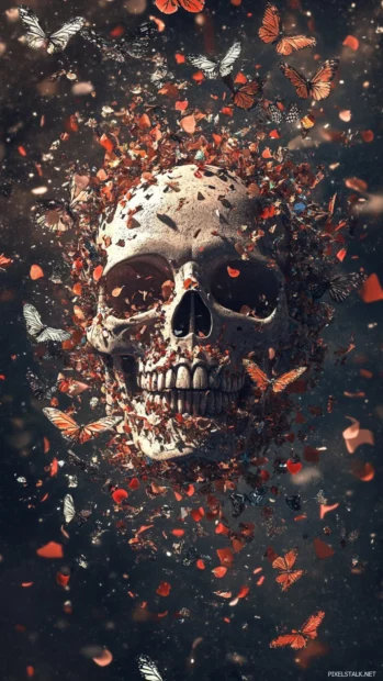Floating skull surrounded by confetti and skeletal butterflies.