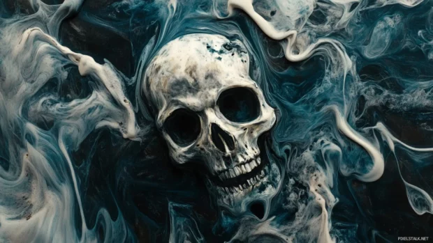 Floating skull with ink swirl trails in midnight palette.