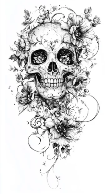 Floating sugar skull rising from ink floral tattoos.