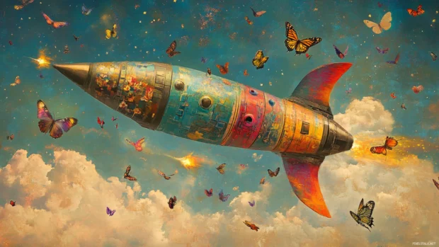 Floating through the sky, the Rainbow Rocket sings with birds and butterflies.