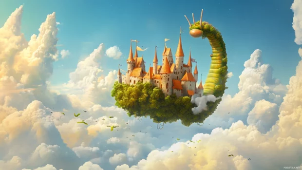 Floating through the sky, the sleepy Dancing Worm builds castles from clouds.