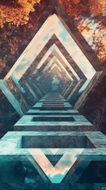 Floating triangle maze with disappearing stairs and inverted shadows in a trippy setting.