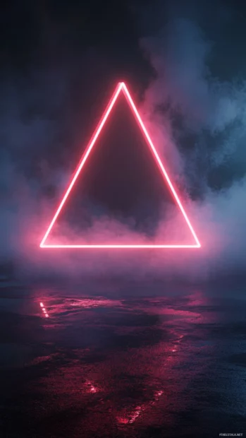 Floating triangle of neon hovering in darkness.