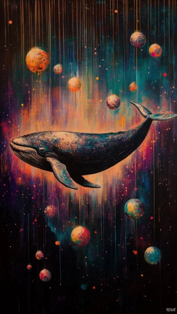 Floating whale surrounded by orbs of color in wall poem.