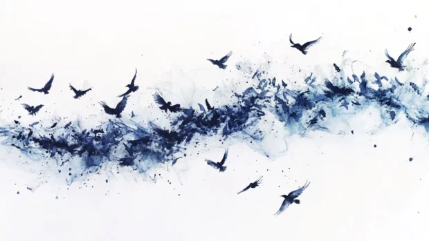 Flock of starlings forming patterns in the sky with dynamic watercolor lines.