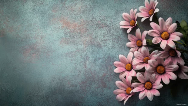 Floral bouquet in retro tones with pink daisies and soft texture.