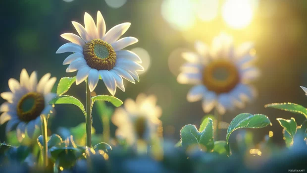 Floral desktop background, ultra detailed Sunflowers in natural light, soft background blur.