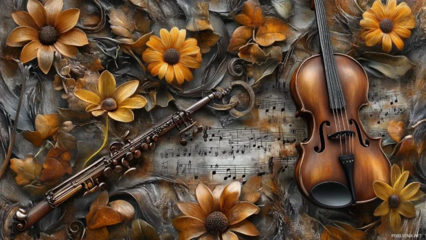 Floral patterns intertwined with musical notes and instruments repeating design blending nature and music harmonious and artistic way.