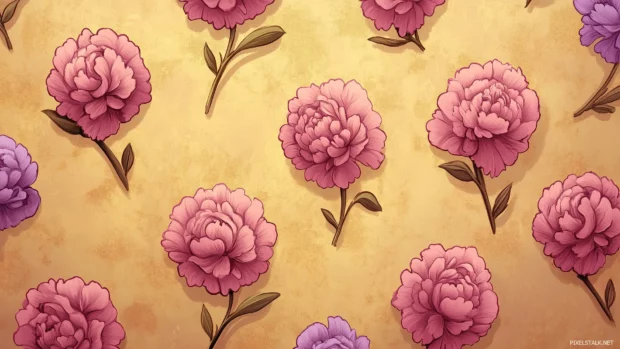 Floral retro wallpaper with repeating patterns of stylized carnations in muted pink and lavender hues, on a textured golden background, Retro style.